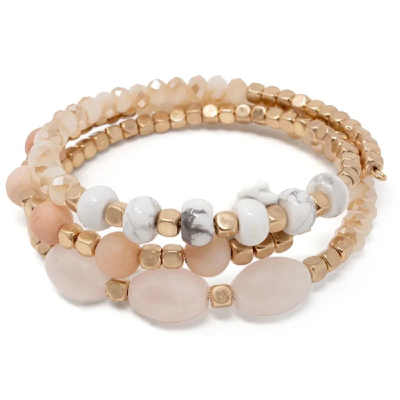 Bangles with agate slices for earthy look -Peach Glass Bead Wrap Bracelet Oval Stone Gold Tone