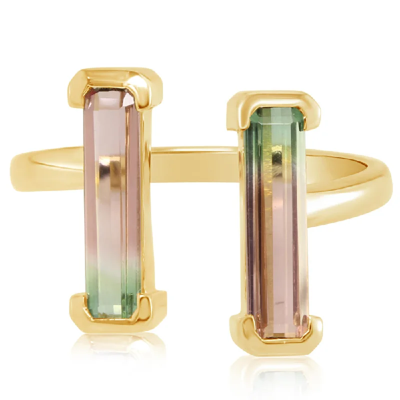 Rings with pink sapphire for delicate charm -14K Yellow Gold Bi-Color Tourmaline Ring