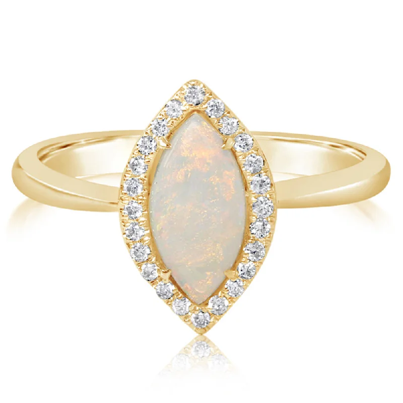 Rings with wide bands for statement wear -14K Yellow Gold Australian Opal/Diamond Ring