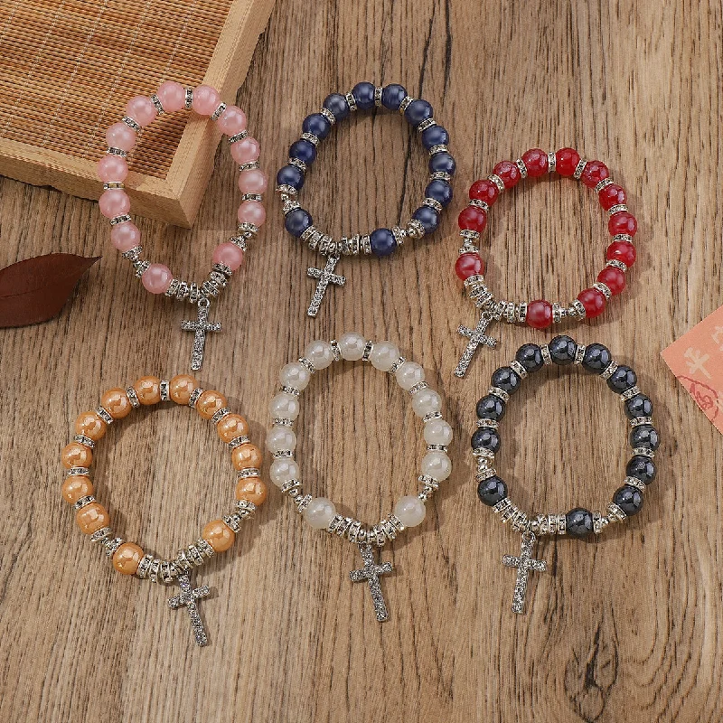 Bangles with rainbow moonstone for color play -Wholesale Ethnic Style Cross Old Glass Beaded Bracelet