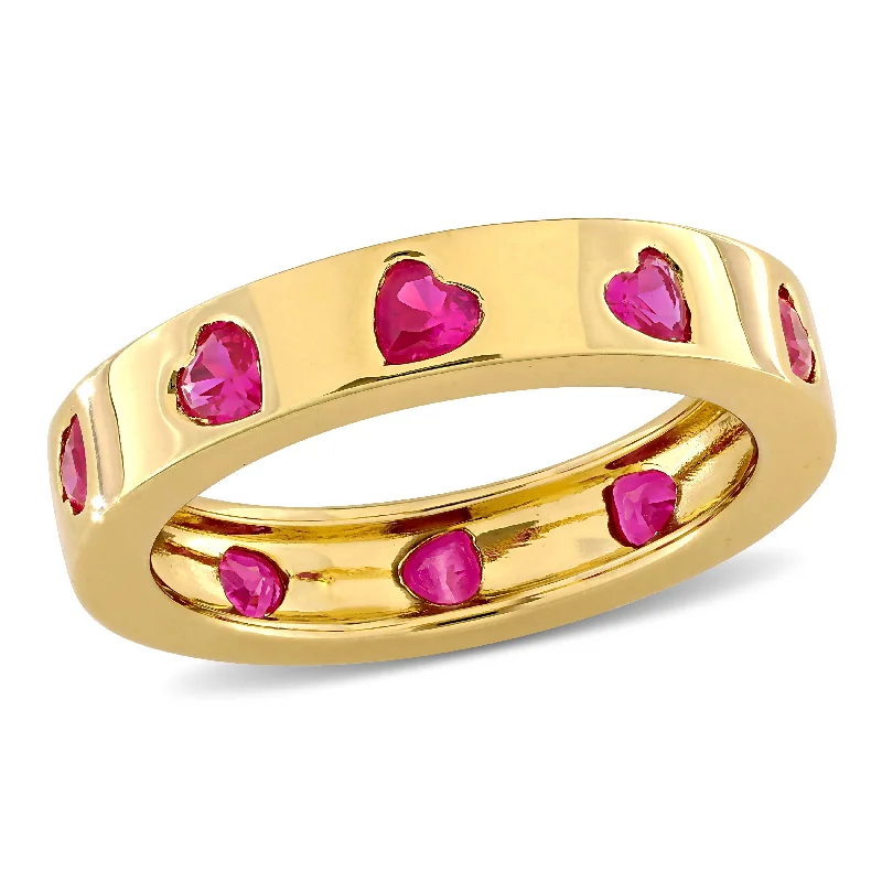 Rings with faceted garnet for deep shine -Mimi & Max 1 3/4ct TGW Heart-Cut Created Ruby Eternity Ring Yellow Silver