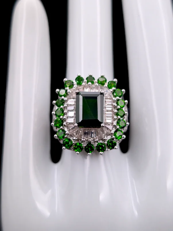 Rings with lapis lazuli for rich blue -Vintage Art Deco Inspired Emerald Cut Genuine Chrome Diopside, Peridot and White Topaz Baguette Staggered Starburst Halo Sterling Silver Ring