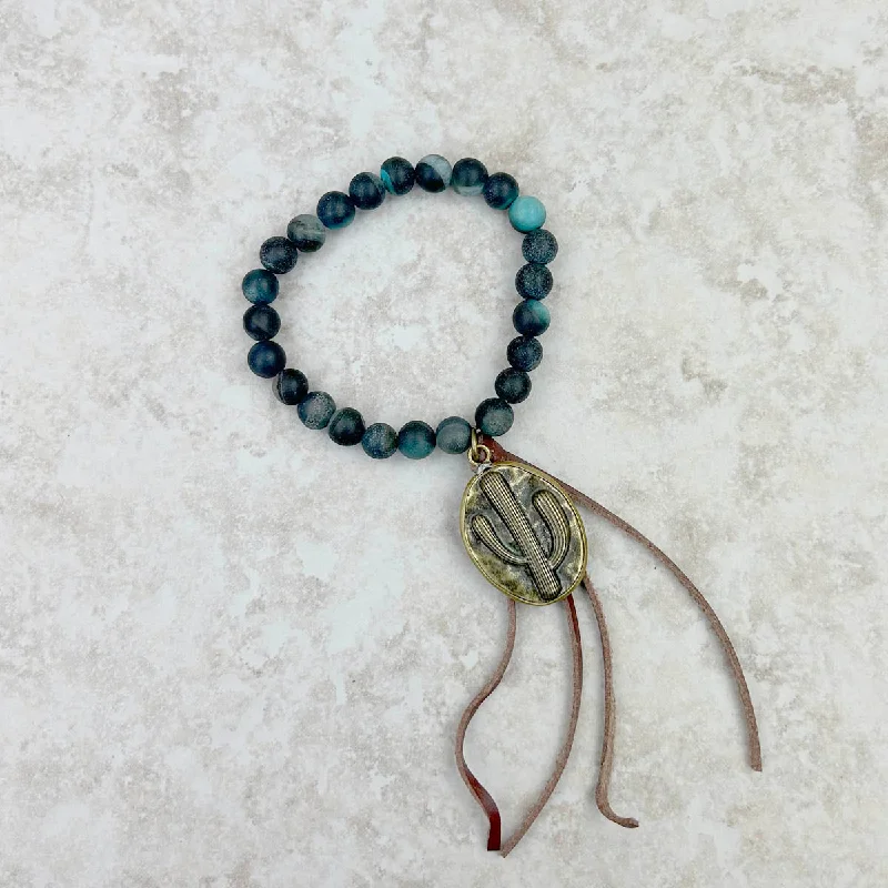 Bracelets with etched floral bands for detail -BRS230528-05-06   Jasper Bracelet with Tassel and metal Cactus Pendent