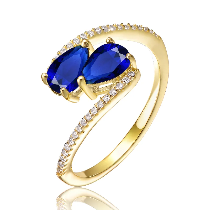 Rings with shield-shaped stones for boldness -Sterling Silver 14K Gold Plated and Sapphire Cubic Zirconia Bypass Engagement Ring