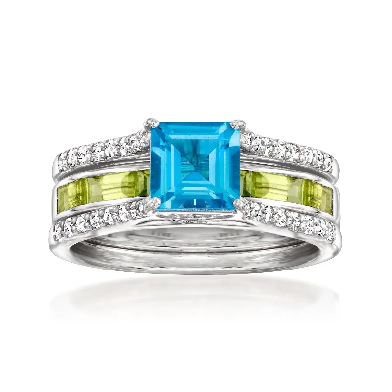 Rings with faceted aquamarine for sea glow -Ross-Simons Swiss Blue Topaz, . Peridot and . White Topaz Jewelry Set: Ring and Ring Guard in Sterling Silver