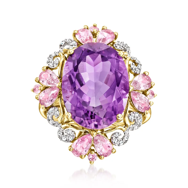 Rings with delicate filigree sapphire settings -Ross-Simons Amethyst and Pink Sapphire Ring With . Diamonds in 14kt Yellow Gold