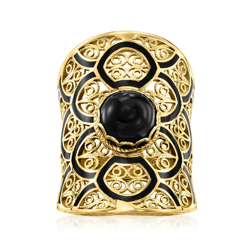 Rings with peacock ore for iridescent glow -Ross-Simons Onyx and Black Enamel Filigree Ring in 18kt Gold Over Sterling