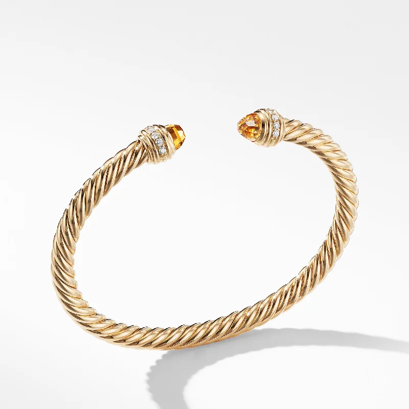 Bangles with bold onyx stones for contrast -Cable Bracelet in 18K Gold with Citrine and Diamonds, Size Medium