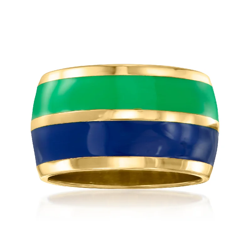 Rings with infinity loops for timeless love -Ross-Simons Italian Blue and Green Enamel Striped Ring in 18kt Gold Over Sterling