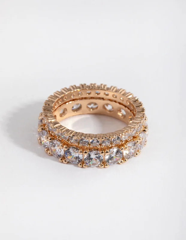 Rings with raw topaz for icy charm -Gold Double Band Set Ring