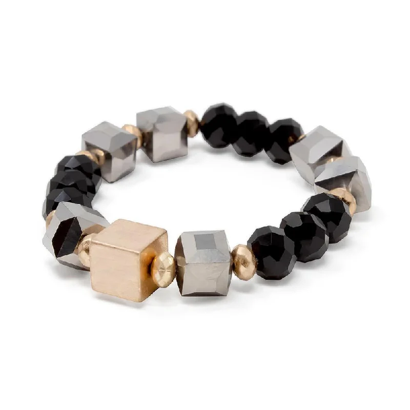 Bangles with rough opal for organic shine -Black Glass Beaded Stretch Bracelet with Gold Tone Cube