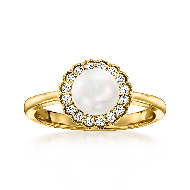 Rings with rough opal for organic shine -Ross-Simons 6.5-7mm Cultured Pearl and . Diamond Ring in 14kt Yellow Gold