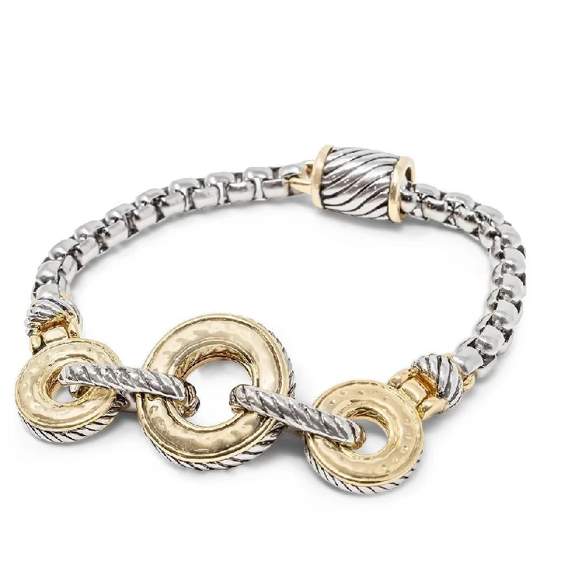 Bangles with chunky designs for statement wear -Two Tone Hammered Rings Box Chain Bracelet