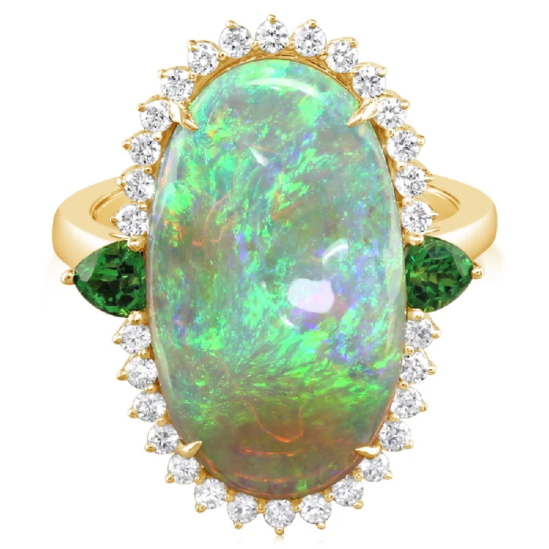 Rings with adjustable bands for perfect fit -18K Yellow Gold Australian Opal/Tsavorite/Diamond Ring