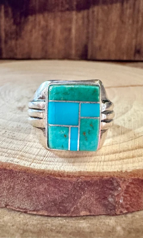 Statement rings with large geometric opal gems -SEAFOAM CURRENTS Turquoise & Sterling Silver Geometric Inlay Mens Ring • Size 11