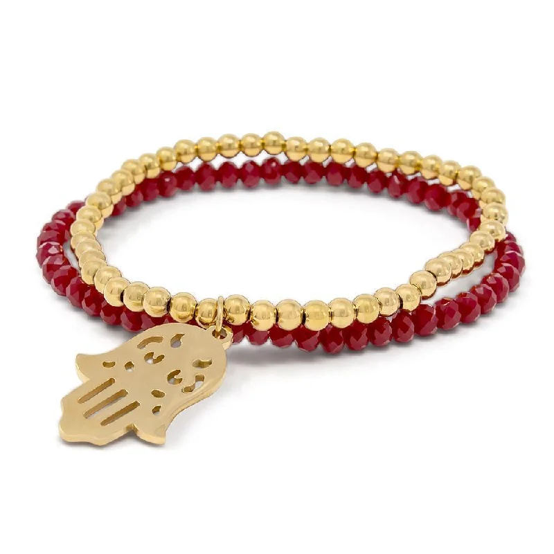 Thin bangles perfect for layering multiple styles -Stainless Steel Hamsa Hand in Red Glass Bead Bracelet Gold Plated