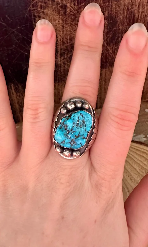 Rings with topaz stones for icy blue -DIG DEEP 1970s Vintage Turquoise and Silver Mens Ring • Size 10 1/2