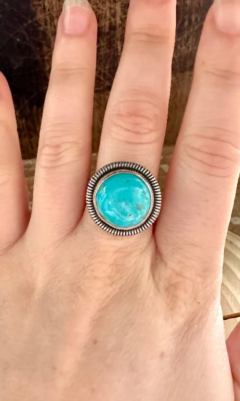 Rings with rough sapphire for rugged chic -PACIFIC OCEAN Turquoise and Sterling Silver and Ring • Size 7 1/2