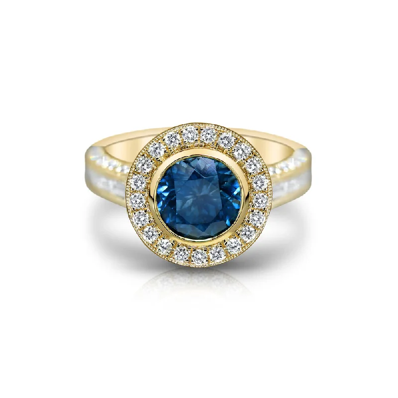 Rings with double bands for modern twist -14K Yellow Gold Montana Sapphire/Diamond Ring