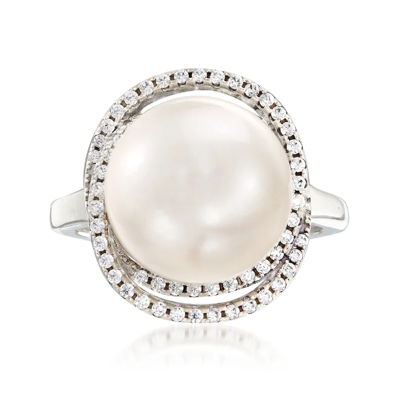 Rings with sunburst citrine for radiant appeal -Ross-Simons Italian 12mm Cultured Pearl and . CZ Ring in Sterling Silver