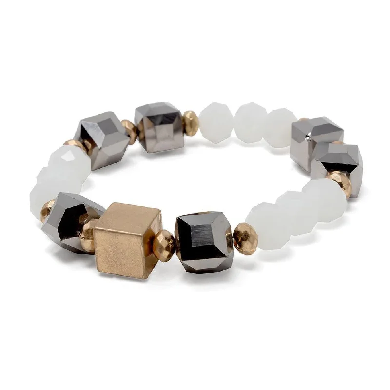 Bracelets with knot accents for symbolic charm -White Glass Beaded Stretch Bracelet with Gold Tone Cube