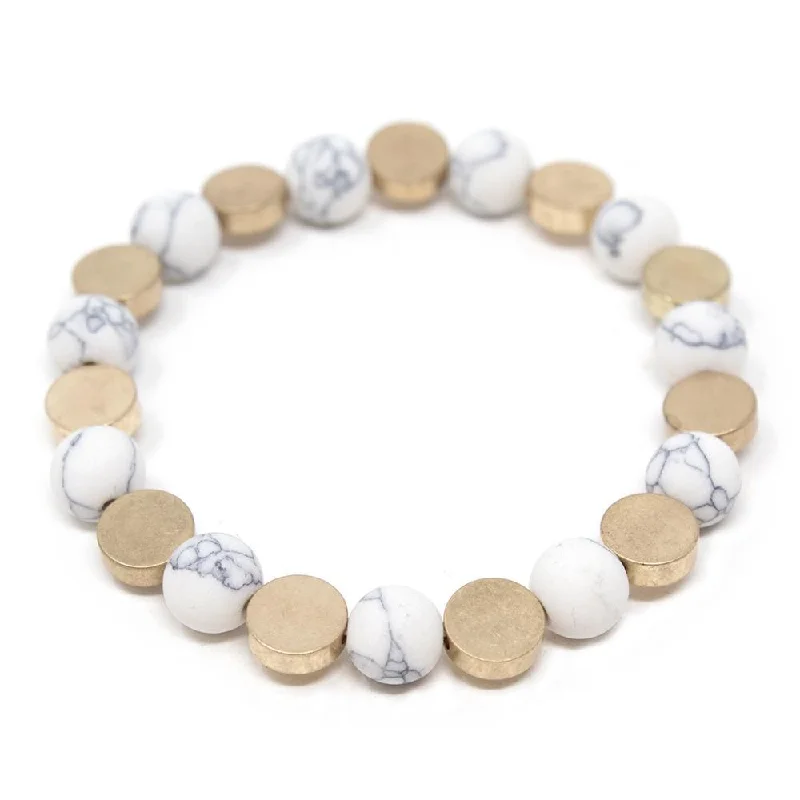 Bracelets with rough jade for natural calm -Stretch Bracelet Semi Precious Bead Gold Disc White