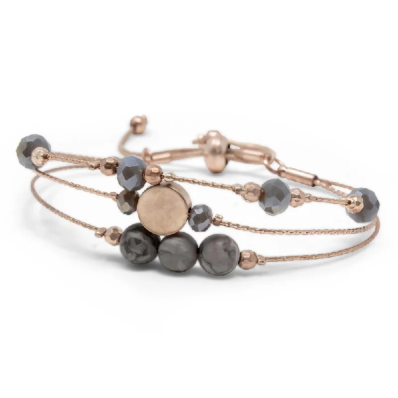 Bangles with engraved floral patterns for elegance -Rose Gold Adjustable Three Row Bead Bracelet Grey