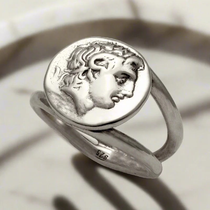 Rings with bold malachite for green swirls -Alexander the Great Portrait Coin Ring in Sterling Silver (DT-105)