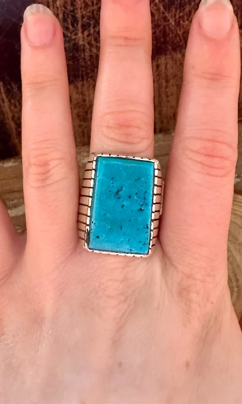 Rings with smoky quartz for muted elegance -TREVOR JACK Large Square Sterling Silver & Turquoise Ring