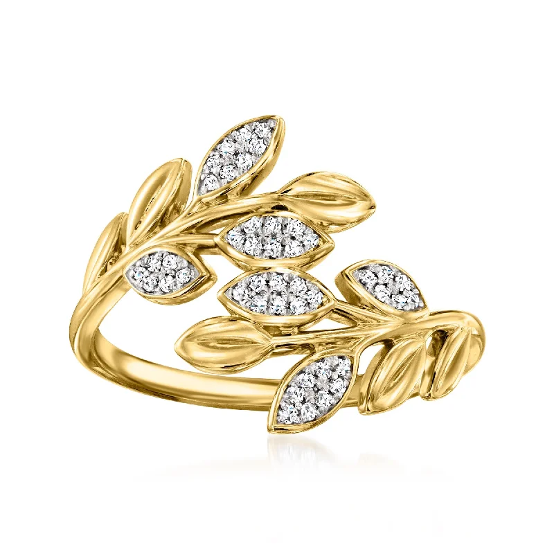 Rings with vintage-inspired rose-cut diamonds -Ross-Simons Diamond Leaf Bypass Ring in 18kt Gold Over Sterling