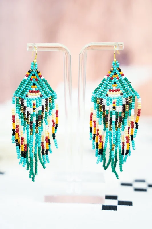 Drop Earrings with Leaf Motifs -SALE! Split Mountain Turquoise Seed Bead Fringe Earrings