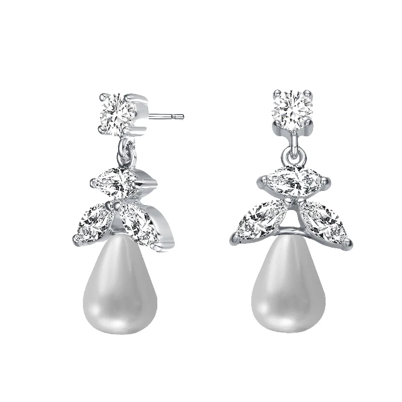 Heavy Duty Drop Earrings for Durability -Sterling Silver With Rhodium Plated White Round Freshwater Pearl With Marquise And Round Cubic Zirconia Earrings