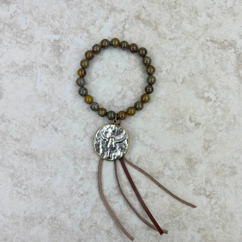 Bangles with polished onyx for bold sleekness -BRS230528-01 -04  Jasper Bracelet with Tassel and Metal Long Horn Pendent