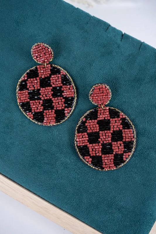 Drop Earrings with Floral Motifs -SALE! Indy Check Seed Bead Brown Disk Earrings