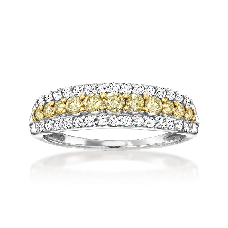 Minimalist rings with tiny diamond dot accents -Ross-Simons Yellow and White Diamond 3-Row Ring in 14kt White Gold