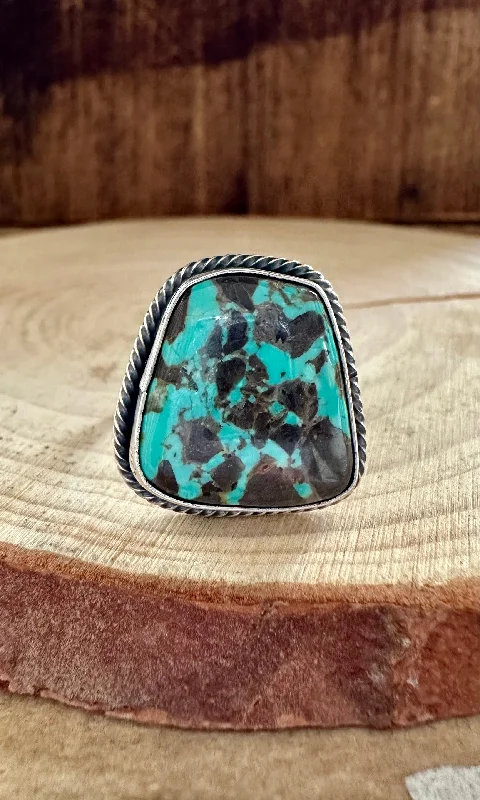 Bold rings with oversized amethyst gemstones -SQUARE DANCE TURQUOISE Sterling Silver Ring • Size 8