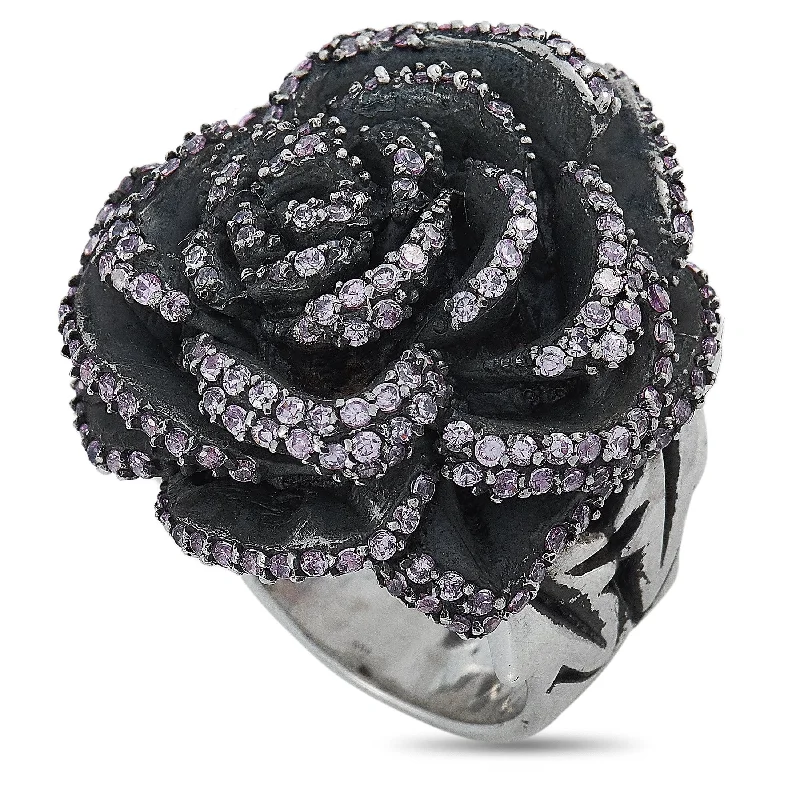 Rings with sleek black agate for edge -King Baby Silver and Pink Cubic Zirconia Rose Ring