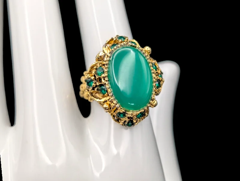 Rings with peridot gems for fresh green -Vintage Simulated Chrysoprase Emerald Green Cocktail Statement Ring with Gold Filigree and Rhinestones