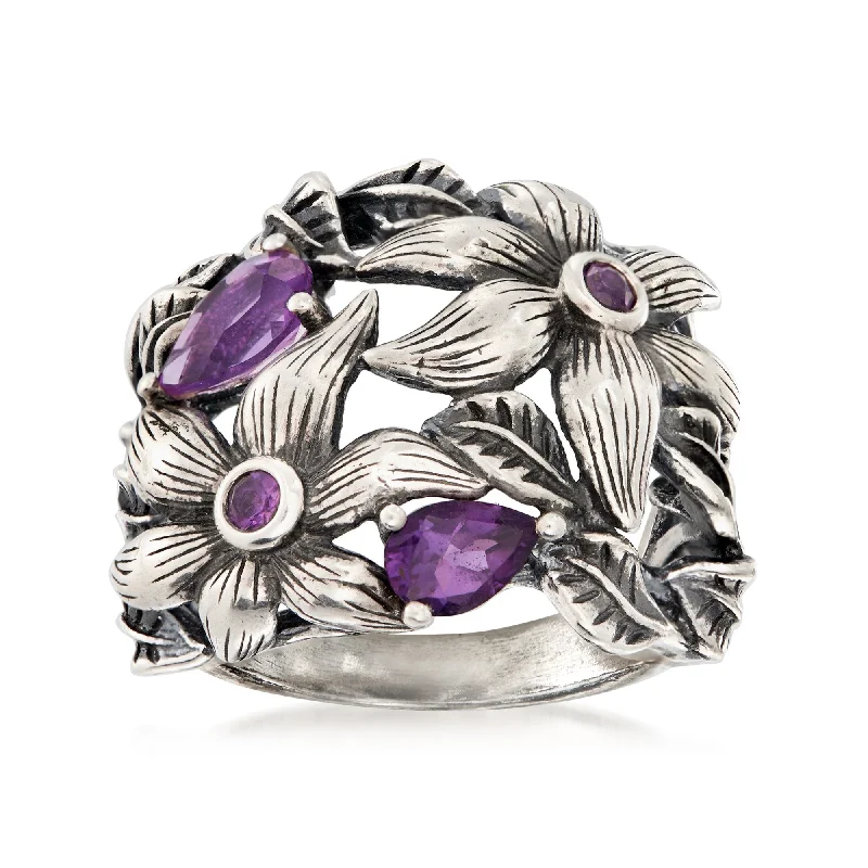 Rings with raw topaz for icy charm -Ross-Simons Amethyst Openwork Flower Ring in Sterling Silver