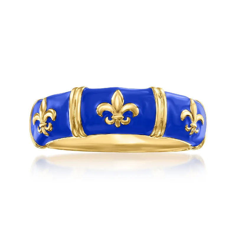 Rings with labradorite stones for mystic flash -Ross-Simons Blue Enamel Fleur-De-Lis Ring in 18kt Gold Over Sterling