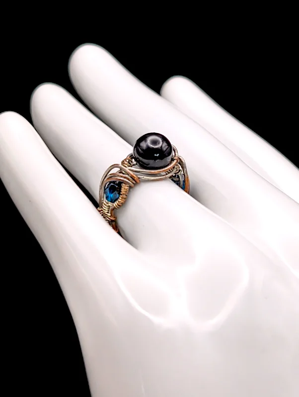 Rings with vintage-inspired rose-cut diamonds -Vintage Black Agate Bead Copper Wire Wrapped Bead Ring