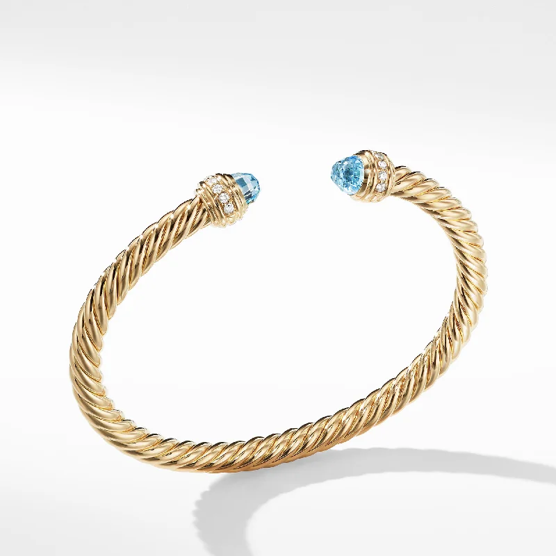 Thin bangles perfect for layering multiple styles -Cable Bracelet in 18K Gold with Blue Topaz and Diamonds, Size Medium