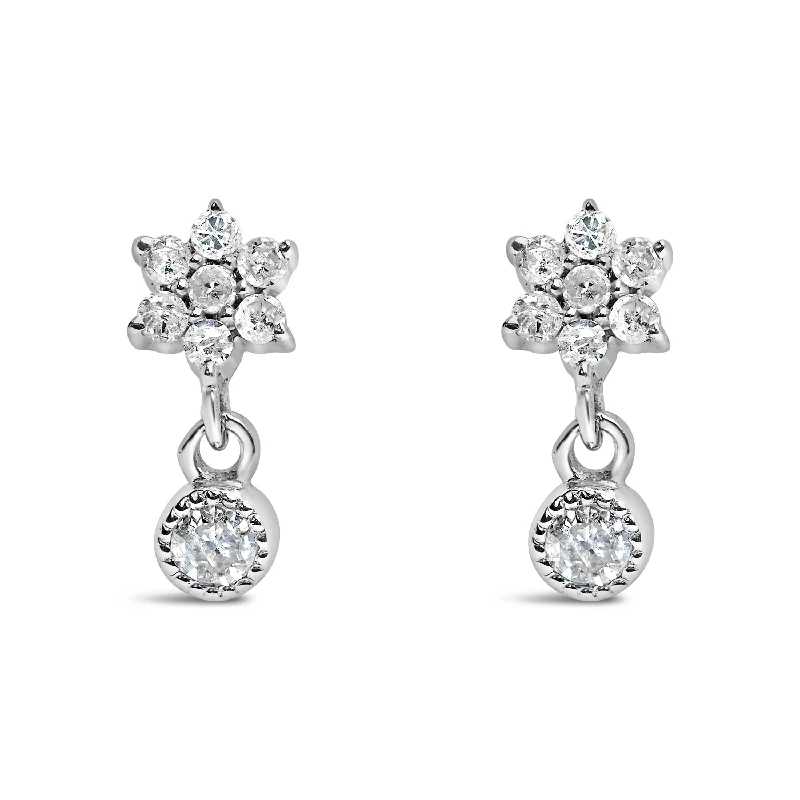 Drop Earrings with Floral Motifs -.925 Sterling Silver 1/10 Cttw Diamond Star Stud with Bezel Drop Dangle Earrings