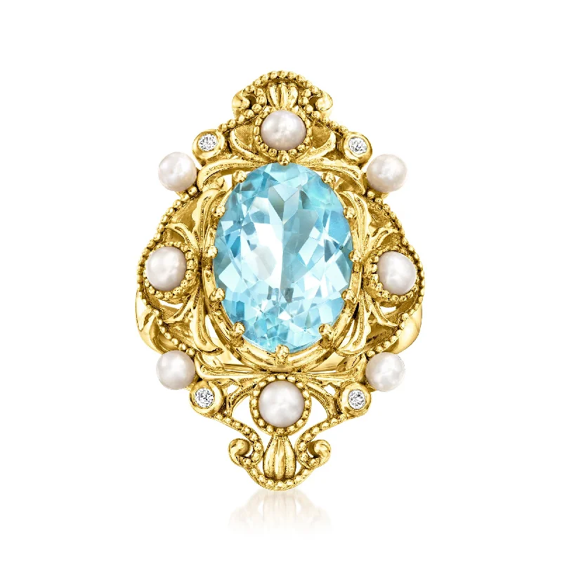 Rings with adjustable bands for perfect fit -Ross-Simons Sky Blue Topaz Ring With 2.5-3.5mm Cultured Pearls and White Zircon Accents in 18kt Gold Over Sterling