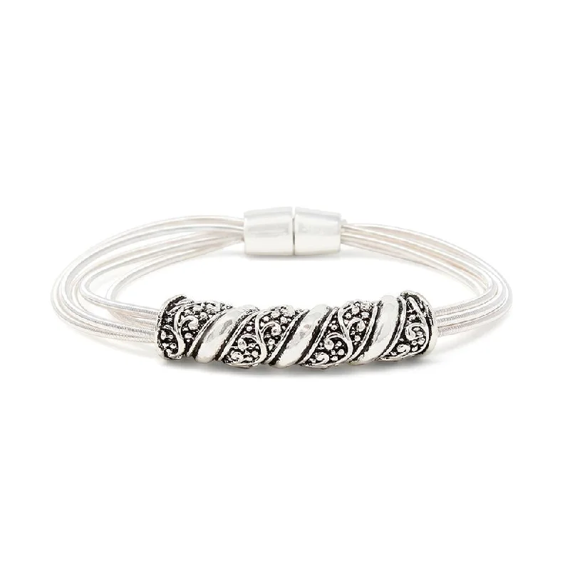 Rose gold bangles with geometric cutout designs -Five Row Spring Bracelet with Antique Silver Plain and Filigree Design