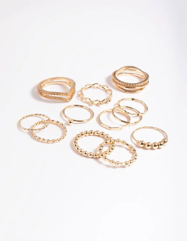 Rose gold rings featuring delicate pearl inlays -Gold Mixed Ball Ring Stack Pack