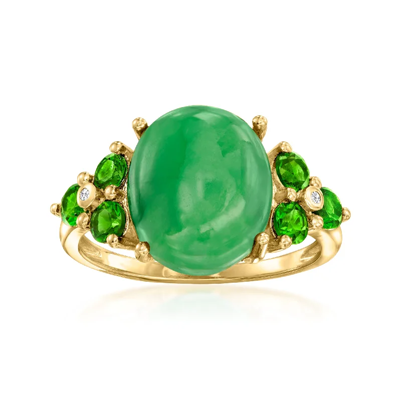 Rings with vine-wrapped bands for nature -Ross-Simons Jade and Chrome Diopside Ring With White Zircon Accents in 18kt Yellow Gold Over Sterling Silver