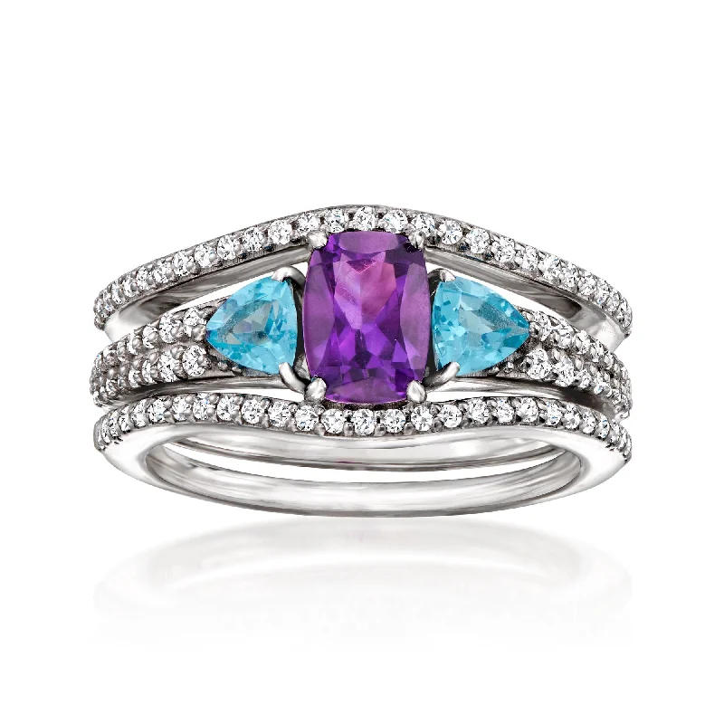 Rings with etched floral bands for detail -Ross-Simons Amethyst, . Swiss Blue Topaz and . White Topaz Jewelry Set: Ring and Ring Guard in Sterling Silver