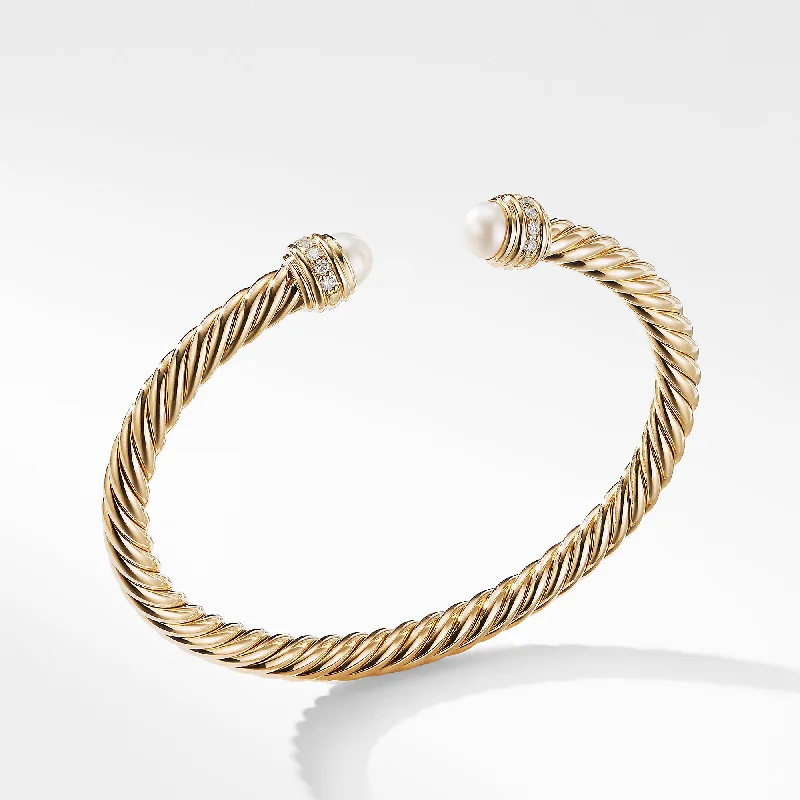 Rose gold bangles with geometric cutout designs -Cable Bracelet in 18K Gold with Pearls and Diamonds, Size Medium