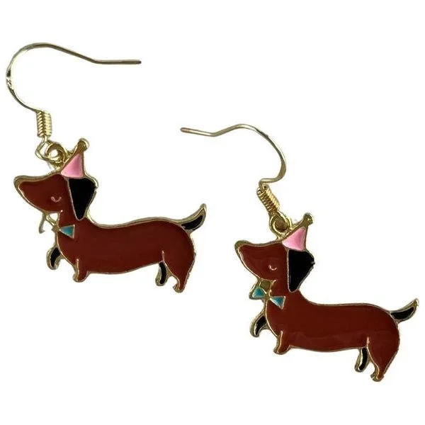 Drop Earrings with Polished Shine -Sausage Dog Party Brown Earrings